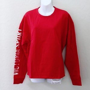 Victoria's Secret Sport Logo Fleece Crew Relaxed Slouchy Pullover Sweater Red L